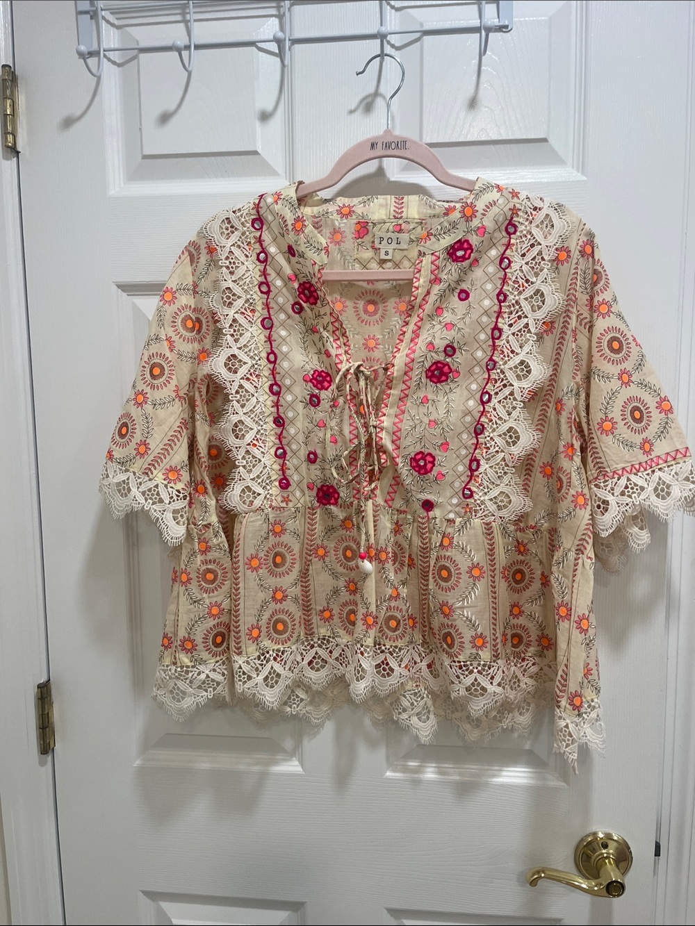 POL Cream Boho Lace-Trim Tunic with Pink & Orange Embroidery